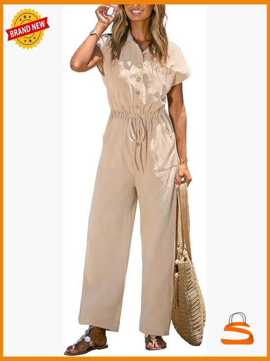 Pants - Wide Leg Jumpsuit with Pockets Short Sleeve Casual Vacation Outfit